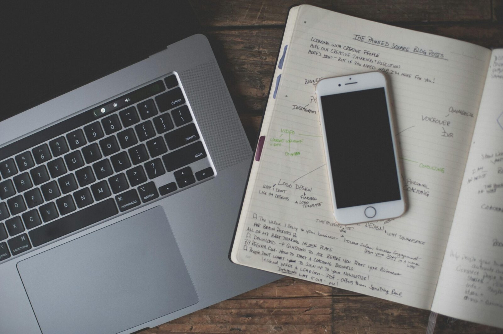 Aerial view of a desk featuring a laptop, smartphone, and open notebook with handwritten notes.